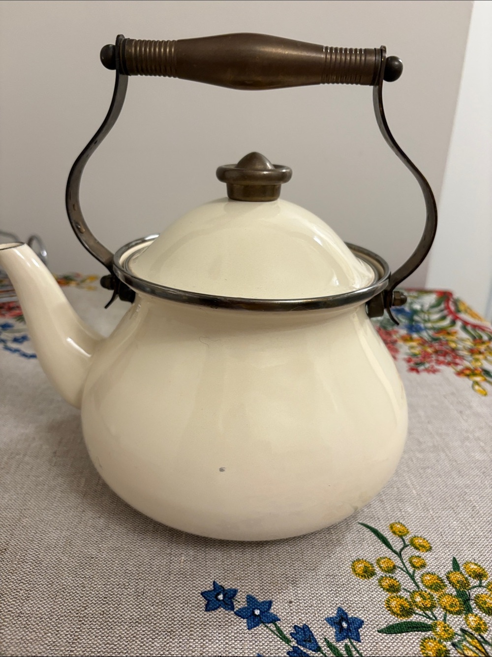 Cream Enamel Teapot with Bronze Handle